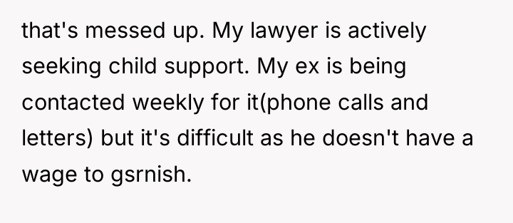 that's messed up. My lawyer is actively seeking child support....