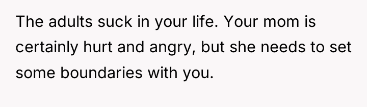 The adults suck in your life. Your mom is certainly...