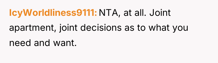 IcyWorldliness9111 NTA, at all. Joint apartment, joint decisions as to...