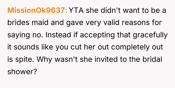 MissionOk9637 YTA she didn't want to be a brides maid...