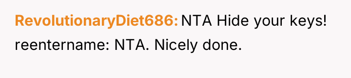 RevolutionaryDiet686 NTA Hide your keys! reentername: NTA. Nicely done.
