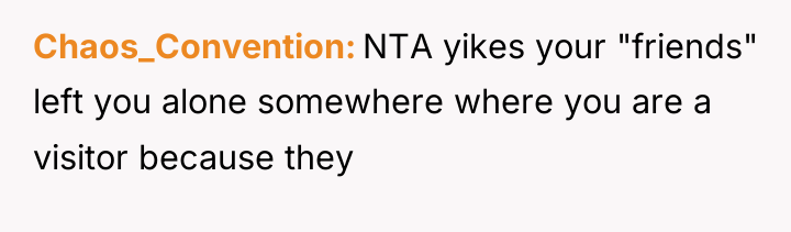 Chaos_Convention NTA yikes your "friends" left you alone somewhere where...