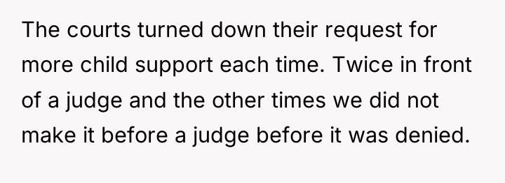 The courts turned down their request for more child support...