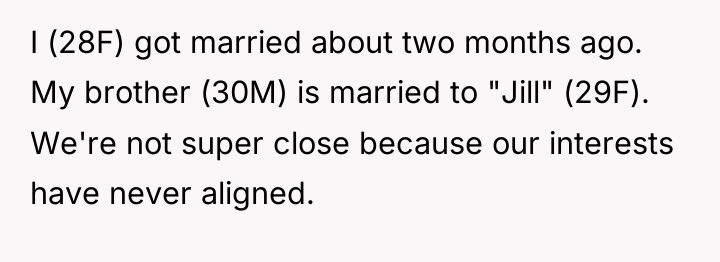I (28F) got married about two months ago. My brother...