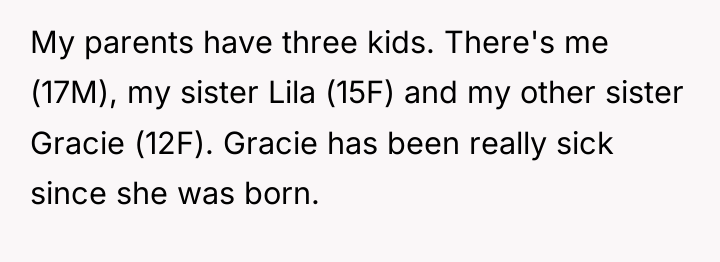 My parents have three kids. There's me (17M), my sister...