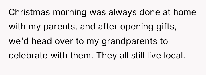 Christmas morning was always done at home with my parents,...
