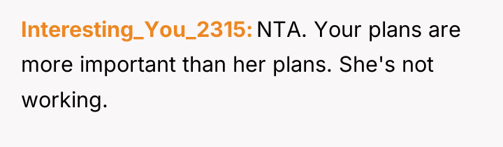 Interesting_You_2315 NTA. Your plans are more important than her plans....