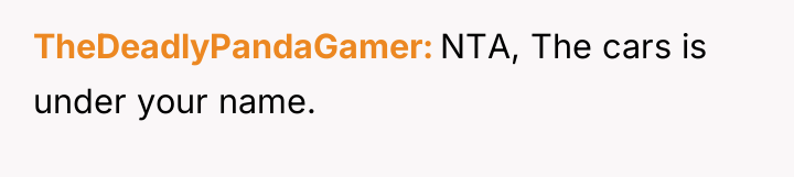 TheDeadlyPandaGamer NTA, The cars is under your name.