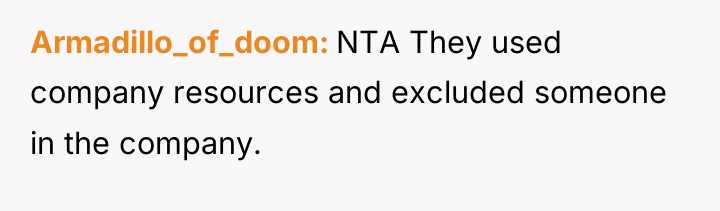 Armadillo_of_doom NTA They used company resources and excluded someone in...