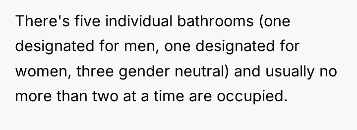 There's five individual bathrooms (one designated for men, one designated...
