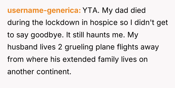 username-generica YTA. My dad died during the lockdown in hospice...