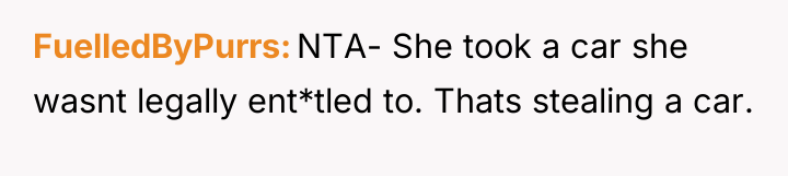 FuelledByPurrs NTA- She took a car she wasnt legally ent*tled...