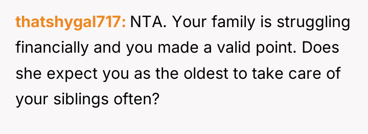 thatshygal717 NTA. Your family is struggling financially and you made...