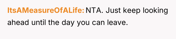 ItsAMeasureOfALife NTA. Just keep looking ahead until the day you...