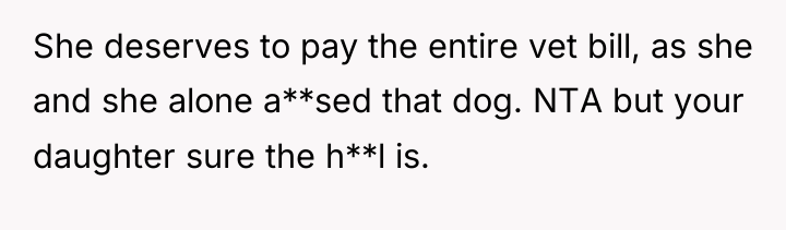 She deserves to pay the entire vet bill, as she...