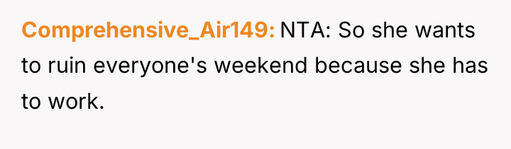 Comprehensive_Air149 NTA: So she wants to ruin everyone's weekend because...