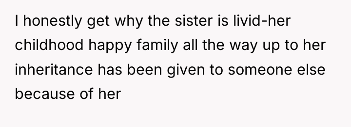 I honestly get why the sister is livid-her childhood happy...