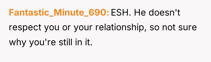 Fantastic_Minute_690 ESH. He doesn't respect you or your relationship, so...