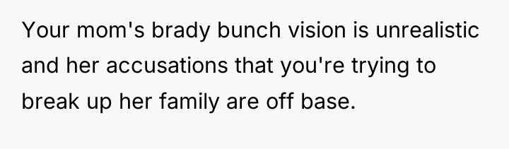 Your mom's brady bunch vision is unrealistic and her accusations...
