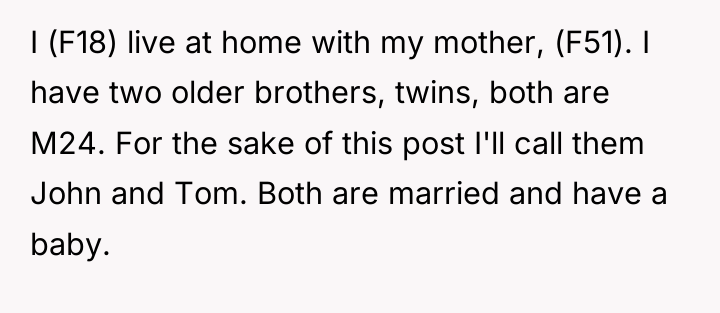 I (F18) live at home with my mother, (F51). I...