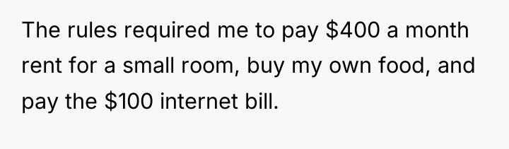 The rules required me to pay $400 a month rent...