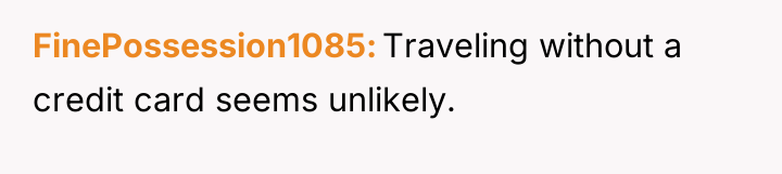 FinePossession1085 Traveling without a credit card seems unlikely.