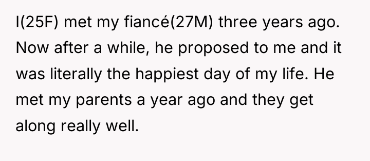 I(25F) met my fiancé(27M) three years ago. Now after a...