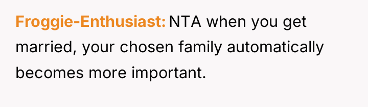 Froggie-Enthusiast NTA when you get married, your chosen family automatically...