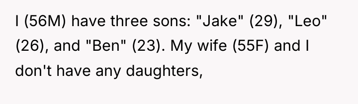 I (56M) have three sons: "Jake" (29), "Leo" (26), and...