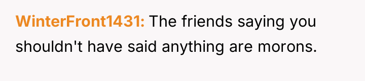 WinterFront1431 The friends saying you shouldn't have said anything are...