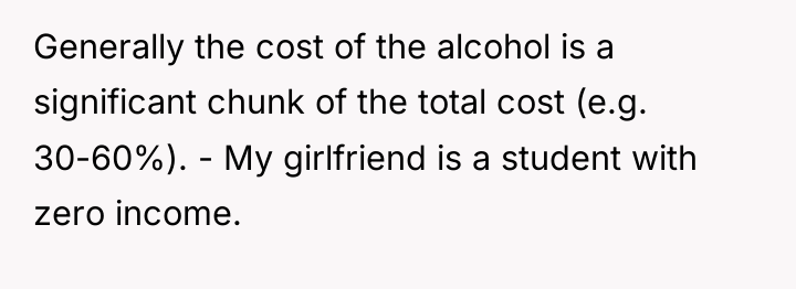 Generally the cost of the alcohol is a significant chunk...