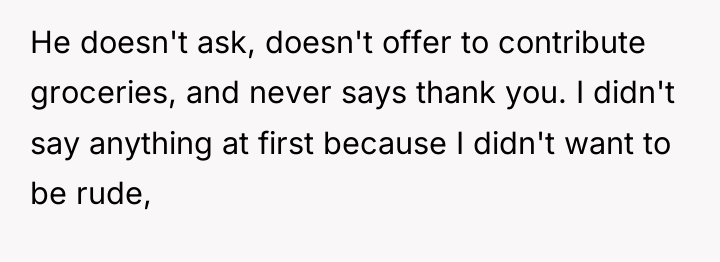 He doesn't ask, doesn't offer to contribute groceries, and never...