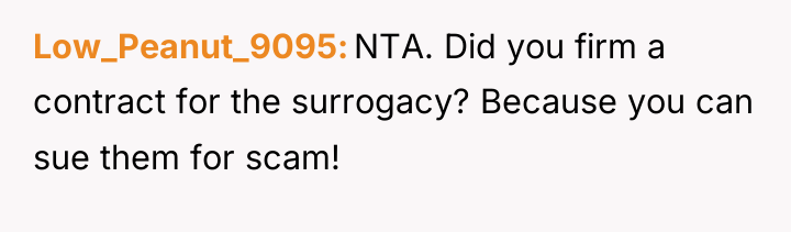 Low_Peanut_9095 NTA. Did you firm a contract for the surrogacy?...