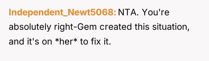 Independent_Newt5068 NTA. You're absolutely right-Gem created this situation, and it's...