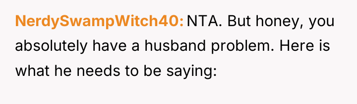 NerdySwampWitch40 NTA. But honey, you absolutely have a husband problem....