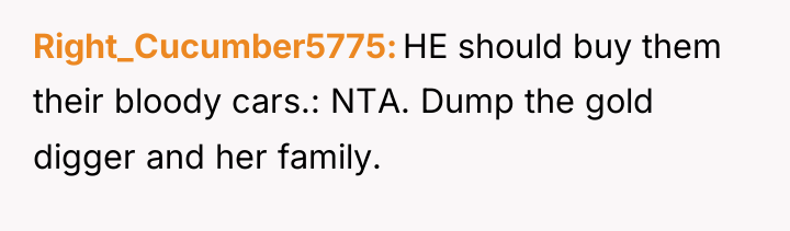 Right_Cucumber5775 HE should buy them their bloody cars.: NTA. Dump...