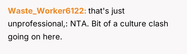 Waste_Worker6122 that's just unprofessional,: NTA. Bit of a culture clash...
