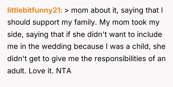 littlebitfunny21 > mom about it, saying that I should support...