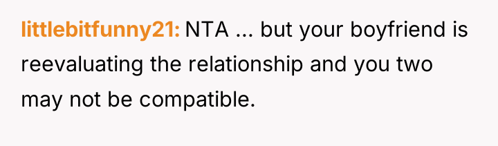 littlebitfunny21 NTA ... but your boyfriend is reevaluating the relationship...