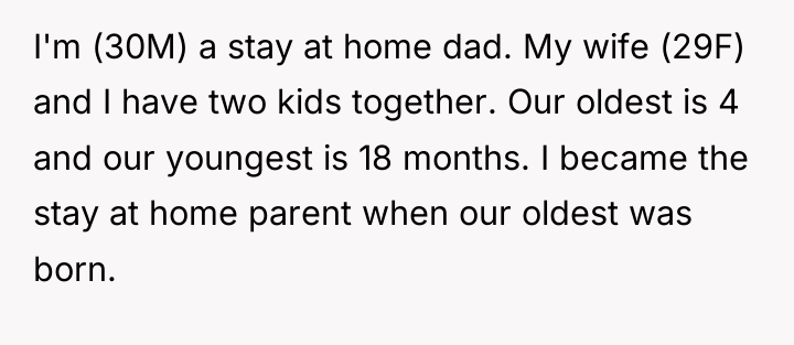 I'm (30M) a stay at home dad. My wife (29F)...