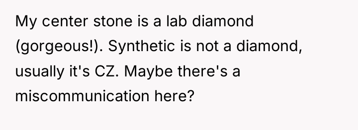 My center stone is a lab diamond (gorgeous!). Synthetic is...