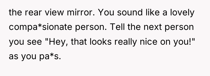 the rear view mirror. You sound like a lovely compa*sionate...