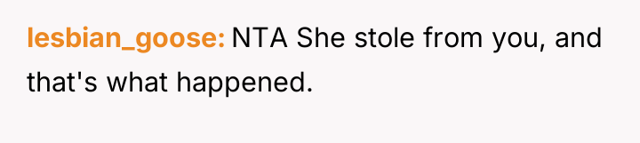 lesbian_goose NTA She stole from you, and that's what happened.