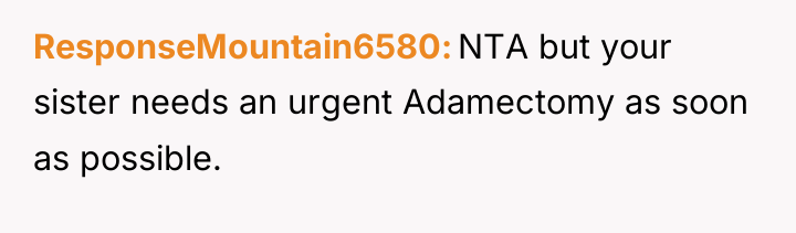 ResponseMountain6580 NTA but your sister needs an urgent Adamectomy as...