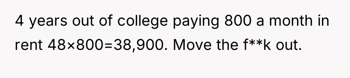 4 years out of college paying 800 a month in...