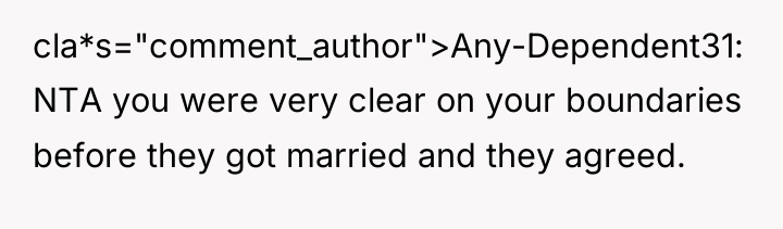 cla*s="comment_author">Any-Dependent31: NTA you were very clear on your boundaries before...
