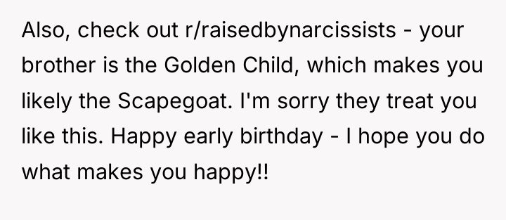 Also, check out r/raisedbynarcissists - your brother is the Golden...