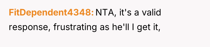 FitDependent4348 NTA, it's a valid response, frustrating as he'll I...