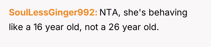 SoulLessGinger992 NTA, she's behaving like a 16 year old, not...