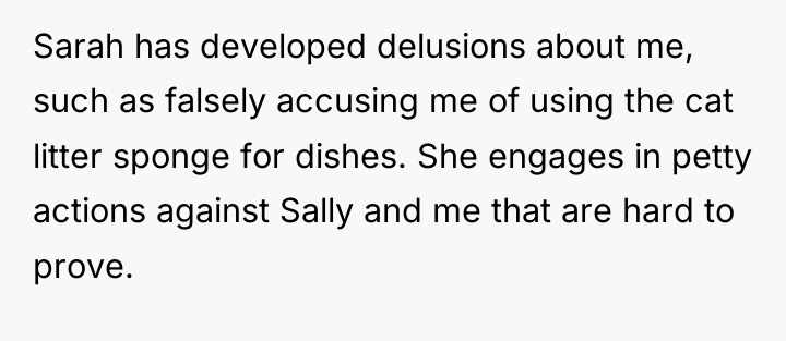 Sarah has developed delusions about me, such as falsely accusing...